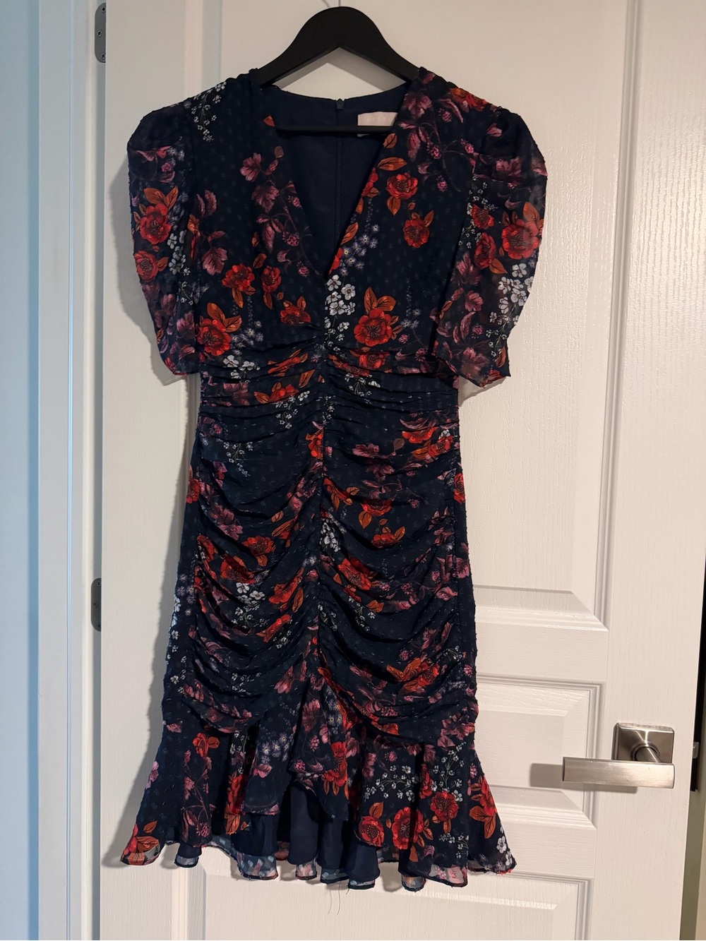 KEEPSAKE the Label Navy Floral Ruched Mini Dress with Red and Pink Accents